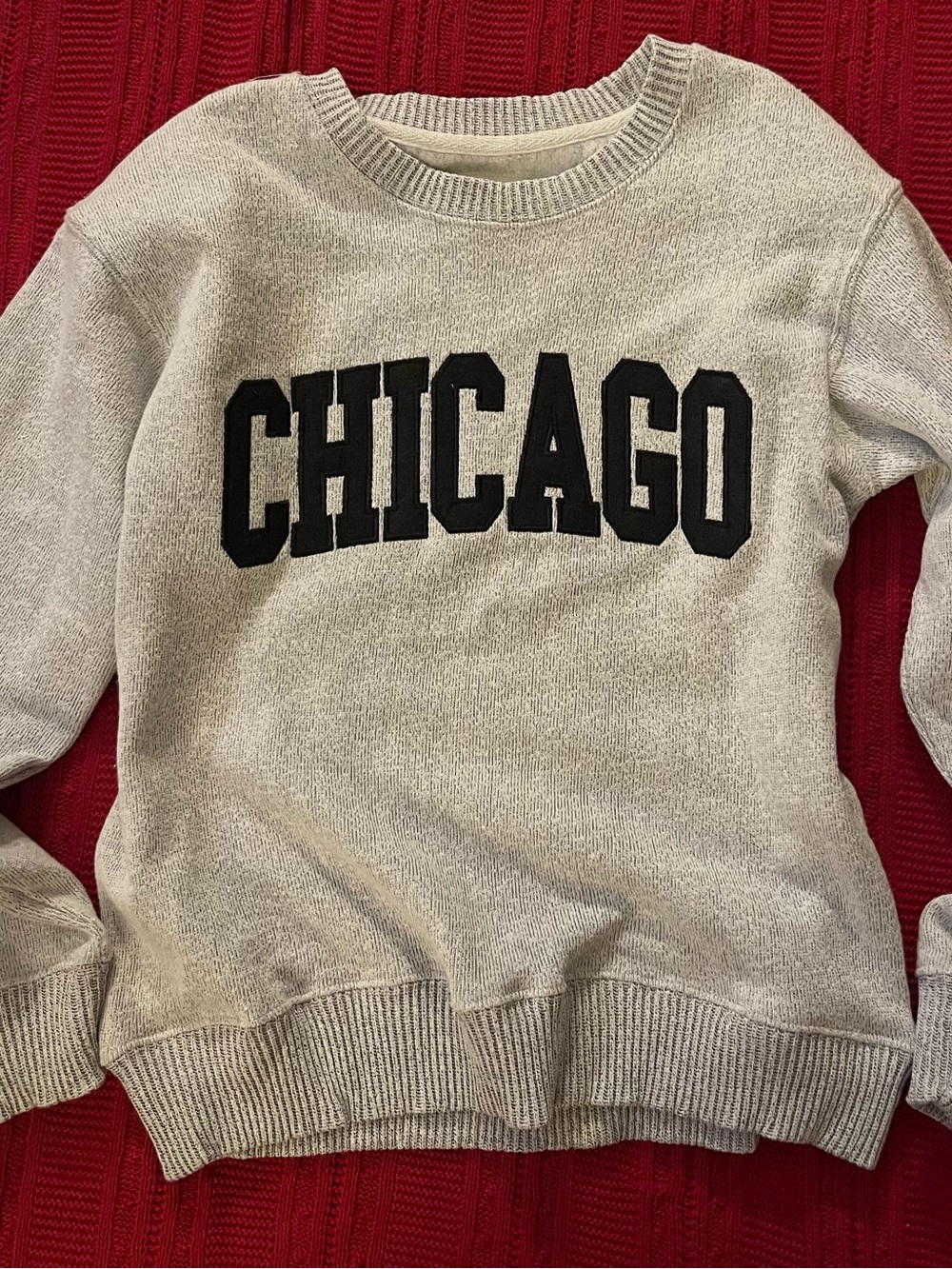 Light Gray Crewneck Sweater with Black 'Chicago' Appliqué